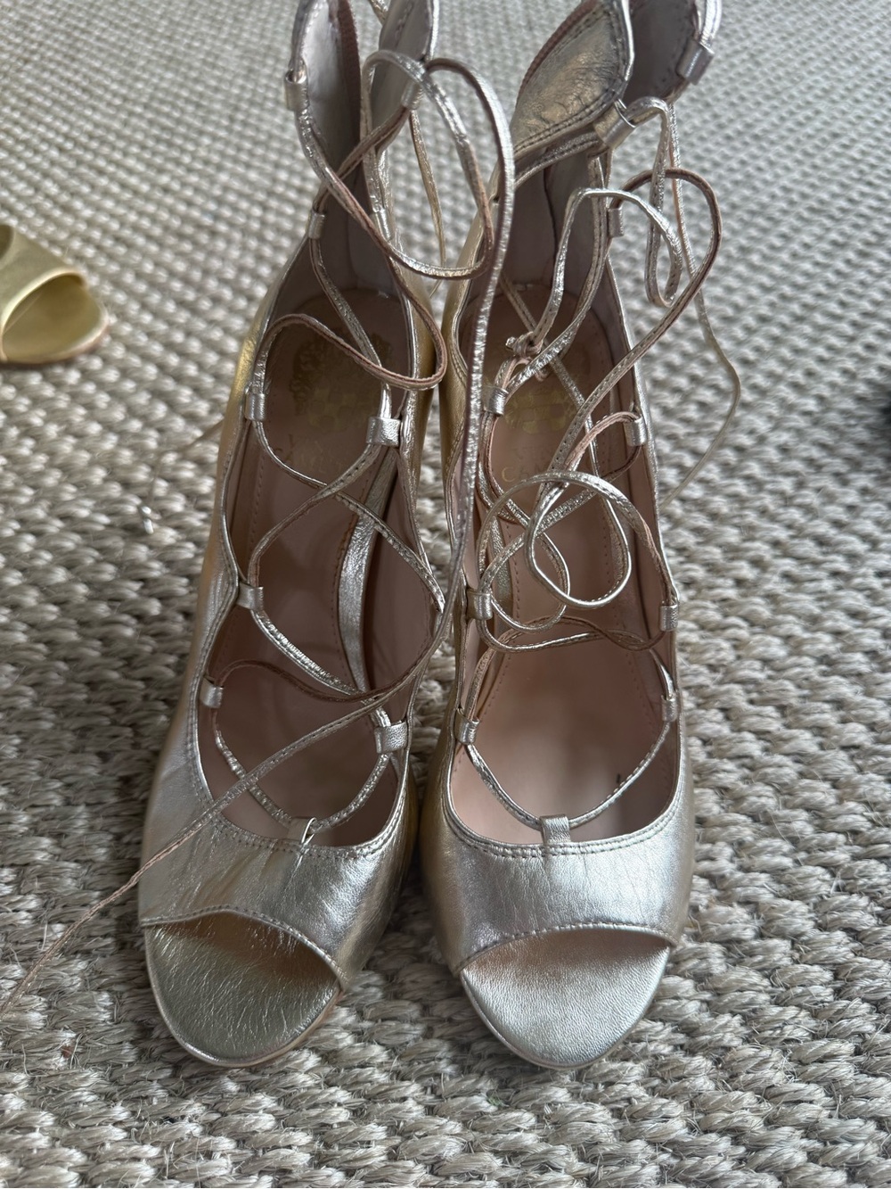 Vince Camuto Metallic Lace-Up Peep Toe Heels - Silver goldish 6 worn once